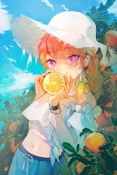 Rule 34 | 1girl, absurdres, blue shorts, bracelet, braid, cloud, earrings, feather earrings, feathers, food, frilled shirt, frills, fruit, green hair, hair between eyes, hat, highres, holding, holding food, holding fruit, hololive, hololive english, jewelry, leaning back, looking at viewer, midriff, multicolored hair, off-shoulder shirt, off shoulder, orange (fruit), orange hair, purple eyes, sekiohazusite, shirt, shorts, sky, smile, solo, streaked hair, sun hat, takanashi kiara, virtual youtuber, white shirt