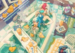 Rule 34 | 2girls, ahoge, bathtub, blue hair, blush, closed eyes, completely nude, cup, drinking glass, eating, food, greentanuki, hair bun, juice, multicolored hair, multiple girls, nude, original, partially submerged, popsicle, red hair, rubber duck, short hair, soap, towel, two-tone hair, white hair