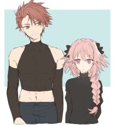 Rule 34 | 2boys, :&lt;, astolfo (fate), bare shoulders, black bow, black shirt, blue background, blue pants, border, bow, braid, commentary request, crop top, cropped arms, cropped legs, cropped torso, detached sleeves, eye contact, fate/apocrypha, fate (series), green eyes, hair bow, hair intakes, hair over shoulder, kan&#039;yu (citron 82), long hair, long sleeves, looking at another, male focus, multicolored hair, multiple boys, muscular, navel, outside border, pale color, pants, parted bangs, perseus (fate), pink hair, puffy long sleeves, puffy sleeves, red hair, shirt, simple background, single braid, size difference, skin tight, sleeve garter, smile, standing, streaked hair, sweatdrop, trap, turtleneck, two-tone hair, white border, white hair