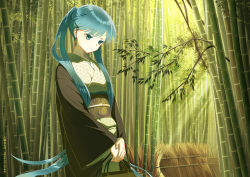 Rule 34 | 1girl, aqua eyes, aqua hair, asa no ha (pattern), bag, bamboo, bamboo forest, beads, cowboy shot, day, fence, forest, green kimono, green theme, hair ornament, hair over shoulder, hairclip, handbag, haori, hatsune miku, holding, holding bag, japanese clothes, kimono, long hair, long sleeves, looking away, looking down, nature, own hands together, shichimi renge, solo, twintails, very long hair, vocaloid