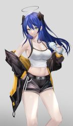 Rule 34 | 1girl, arknights, armpits, bare shoulders, black jacket, black shorts, blue eyes, blue hair, blue nails, bottle, breasts, camisole, cleavage, collarbone, cowboy shot, crop top, eugle na, grey background, grin, halo, hand on own hip, hand up, highres, holding, holding bottle, horns, jacket, large breasts, long hair, long sleeves, looking at viewer, midriff, mostima (arknights), nail polish, navel, off shoulder, official alternate costume, open clothes, open jacket, parted lips, shirt, short shorts, shorts, simple background, sleeveless, sleeveless shirt, smile, solo, spaghetti strap, standing, stomach, taut clothes, taut shirt, thighs, water bottle, white shirt