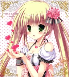 Rule 34 | 10s, 1girl, 2012, :d, absurdres, blonde hair, breasts, cleavage, collarbone, dress, green eyes, heart, heart necklace, highres, holding, image sample, jewelry, looking at viewer, medium breasts, mizusawa mimori, necklace, open mouth, puffy short sleeves, puffy sleeves, short sleeves, simple background, smile, solo, tareme, twintails, upper body