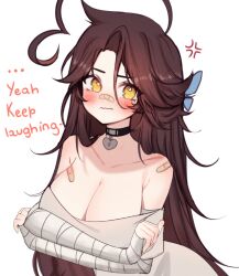 Rule 34 | 1girl, absurdres, ahoge, anger vein, bandaged arm, bandages, bandaid, bandaid on face, bandaid on nose, bare shoulders, black choker, blush, breasts, brown eyes, brown hair, choker, cleavage, closed mouth, collarbone, crossed arms, english text, hair between eyes, heart, heart-shaped pupils, heart ahoge, heart choker, highres, huge ahoge, large breasts, leaning forward, long hair, looking at viewer, messy hair, off-shoulder shirt, off shoulder, original, shirt, simple background, sky above me, solo, symbol-shaped pupils, upper body, very long hair, white background, yellow eyes