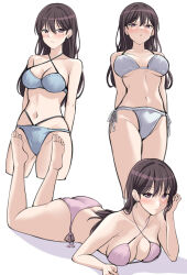 Rule 34 | 1girl, absurdres, arms behind back, ass, bang dream!, bang dream! it&#039;s mygo!!!!!, bare arms, bare legs, bare shoulders, barefoot, bikini, black hair, blue bikini, blush, breasts, breasts apart, cleavage, closed mouth, collarbone, cowboy shot, criss-cross halter, cropped legs, earrings, feet up, groin, hair behind ear, hair between eyes, halterneck, hand up, highres, jewelry, long hair, looking at viewer, lying, medium breasts, mole, mole under eye, multi-strapped bikini bottom, multiple views, navel, on stomach, parted lips, pink bikini, ptal, purple eyes, shiina taki, side-tie bikini bottom, simple background, single earring, soles, standing, stomach, swimsuit, the pose, underboob, white background, white bikini