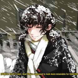 Rule 34 | 1girl, absurdres, black hair, blush, chainsaw man, cloak, closed eyes, commentary, english commentary, english text, heartbreak juan, highres, husbant (meme), low twintails, meme, mitaka asa, scarf, smile, snow, snowing, solo, twintails, upper body, white scarf