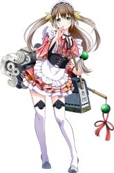 Rule 34 | 1girl, apron, black ribbon, breasts, finger to mouth, full body, green eyes, large breasts, light brown hair, long hair, looking at viewer, low-tied long hair, maid, maid apron, maid headdress, neck ribbon, official art, oozu (oshiro project), oshiro project:re, oshiro project:re, ribbon, simple background, solo, thighhighs, transparent background, tsukumo (soar99), two side up, wa maid, white thighhighs