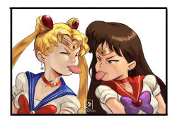 Rule 34 | 2girls, absurdres, artist name, bishoujo senshi sailor moon, bishoujo senshi sailor moon s, blonde hair, blue sailor collar, brooch, brown eyes, brown hair, choker, circlet, commentary, crescent, crescent earrings, derivative work, earrings, english commentary, heart, heart brooch, heart choker, highres, jewelry, long hair, meme, multiple girls, photoshop (medium), red choker, sailor collar, sailor mars, sailor moon, sailor moon redraw challenge (meme), sailor senshi uniform, screenshot redraw, shirt, short sleeves, simple background, stud earrings, tongue, tongue out, twintails, upper body, white background, white shirt, yahyanass