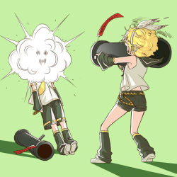 Rule 34 | 1boy, 1girl, 2016, arm warmers, arms at sides, belt, birthday, black shorts, blonde hair, blouse, bruise, burnt clothes, carrying over shoulder, commentary, dirty, dirty face, explosive, finger on trigger, firing, green background, headphones, highres, injury, kagamine len, kagamine rin, leg warmers, legs apart, m1 bazooka, messy hair, necktie, outstretched arm, over shoulder, paper, pocket, prank, ribbon, ribbon-trimmed shorts, ribbon trim, rindo8 (rindo7), rocket launcher, sailor collar, shadow, shirt, shoe soles, short hair, short shorts, shorts, simple background, sleeveless, smoke, squiggle, standing, torn clothes, vocaloid, weapon, weapon over shoulder, white ribbon, white shirt, yellow necktie
