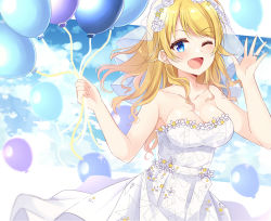 Rule 34 | 1girl, ;d, amidada, balloon, bare arms, bare shoulders, blonde hair, blue eyes, breasts, bridal veil, cleavage, collarbone, day, dress, flower, hachimiya meguru, hands up, holding, holding balloon, idolmaster, idolmaster shiny colors, jewelry, long hair, medium breasts, one eye closed, open mouth, ring, rose, see-through, smile, solo, sparkle, star (symbol), strapless, strapless dress, veil, very long hair, wedding band, wedding dress, white dress, white flower, white rose