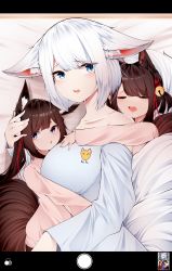 Rule 34 | 3girls, :o, absurdres, akagi-chan (azur lane), alternate costume, amagi-chan (azur lane), animal ears, archery, azur lane, bed sheet, bell, black hair, blue eyes, blunt bangs, breasts, brown hair, camera, casual, closed eyes, collarbone, commentary request, contemporary, drooling, ear down, english text, fox ears, fox girl, fox print, fox tail, hair bell, hair between eyes, hair ornament, hair ribbon, hairband, headpat, height difference, highres, hug, hug from behind, kaga (azur lane), long hair, looking at viewer, lying, multiple girls, on side, pajamas, parted lips, purple eyes, ribbon, samip, short hair, sidelocks, size difference, sleeping, sleepover, tail, thick eyebrows, twintails, white hair, wide-eyed