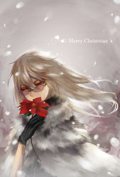 Rule 34 | 1girl, bad id, bad pixiv id, black gloves, christmas, flower, fur, glasses, gloves, highres, holding, holding flower, long hair, merry christmas, original, red eyes, satsuyu ito, snowing, solo, upper body