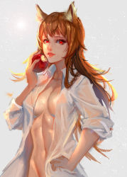 Rule 34 | 1girl, animal ears, apple, breasts, brown hair, food, fruit, groin, hand on own hip, highres, holo, lips, long hair, looking at viewer, mole, mole under eye, open clothes, open shirt, red eyes, sangrde, shirt, solo, spice and wolf, wolf ears