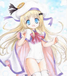 Rule 34 | 1girl, bad id, bad pixiv id, blonde hair, blue eyes, bow, cape, chii (artist), fang, little busters!, long hair, noumi kudryavka, one-piece swimsuit, pink bow, school swimsuit, solo, swimsuit, thighhighs, traditional media, white school swimsuit, white one-piece swimsuit