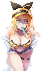 Rule 34 | 1girl, ahoge, bad id, bad pixiv id, bare shoulders, bent over, bikini, black survival, blonde hair, blue eyes, blue shorts, braid, breasts, cleavage, collarbone, dano, denim, denim shorts, eternal return: black survival, exposed pocket, food, food in mouth, frown, hair ribbon, halterneck, highleg, highleg bikini, jacket, large breasts, leaning forward, long hair, long sleeves, looking at viewer, micro shorts, mouth hold, navel, nicky blake, off shoulder, open clothes, open fly, open jacket, orange bikini, ponytail, popsicle, popsicle in mouth, ribbon, shaded face, shorts, single braid, skindentation, solo, standing, stomach, string bikini, striped bikini, striped clothes, swimsuit, thigh gap, thigh strap, thighs, v-shaped eyebrows, very long hair, visor cap, wet, white jacket