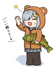 Rule 34 | animal hood, bear hood, black pantyhose, blue eyes, brown jacket, commentary request, fish, grey hair, grey sailor collar, grey skirt, hair ornament, hair over one eye, hairclip, hama! (3toshinhmkz), hamakaze (kancolle), holding, hood, hooded jacket, jacket, kantai collection, neckerchief, no nose, pantyhose, pleated skirt, sailor collar, short hair, simple background, skirt, smile, translation request, waving, white background