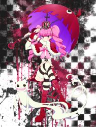 Rule 34 | 1girl, boots, checkered background, crossed legs, crown, drill hair, full body, ghost, midriff, one piece, perona, pink hair, red footwear, red skirt, shoes, short cape, shummylass, sitting, skirt, splatter, striped clothes, striped thighhighs, thighhighs, twintails, umbrella