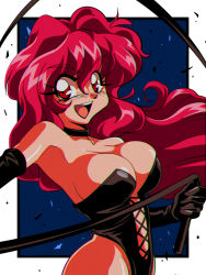 Rule 34 | 1990s (style), 1girl, araizumi rui (style), bakuretsu hunters, black leotard, breasts, cleavage, floating hair, highres, holding, holding whip, large breasts, leotard, looking to the side, open mouth, potiri02, red eyes, red hair, retro artstyle, smile, solo, tira misu