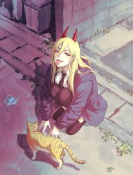 Rule 34 | + +, 1girl, :p, black necktie, black pants, blonde hair, blue jacket, blush, breasts, cat, chainsaw man, collared shirt, commentary, cross-shaped pupils, day, demon horns, dress shirt, eyelashes, from above, fujii eishun, full body, hair between eyes, half-closed eyes, highres, hood, hood down, hooded jacket, horns, jacket, knees to chest, long hair, long sleeves, looking at viewer, medium breasts, necktie, open clothes, open jacket, outdoors, pants, power (chainsaw man), red eyes, shadow, sharp teeth, shirt, signature, smile, smirk, solo, squatting, sunlight, symbol-shaped pupils, tabby cat, teeth, tongue, tongue out, white shirt, wing collar