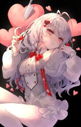 Rule 34 | 1girl, antenna hair, black background, braid, breasts, capelet, commentary request, dress, feet out of frame, frilled dress, frills, grey capelet, grey hair, hair between eyes, hair ornament, hands up, heart, heart hair ornament, highres, knife, long hair, long sleeves, looking at viewer, original, pantyhose, puffy long sleeves, puffy sleeves, red eyes, shikino yuki, simple background, sleeves past wrists, small breasts, solo, very long hair, white dress, white pantyhose