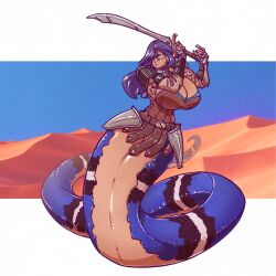 Rule 34 | 1girl, armor, blue hair, borrowed character, bracer, breasts, brown dress, cleavage, commentary, dark-skinned female, dark skin, desert, dress, english commentary, fingerless gloves, gloves, grey gloves, hair over one eye, holding, holding sword, holding weapon, huge breasts, lamia, leather armor, long hair, looking down, monster girl, n647, one eye covered, original, shoulder armor, solo, strapless, strapless dress, sword, weapon, wide hips