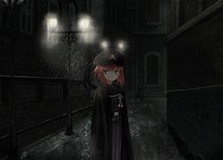 Rule 34 | 1girl, alternate costume, black cape, black hat, cape, closed mouth, dark, hallway, hat, kantai collection, lamppost, looking at viewer, luicent, night, outdoors, peaked cap, red eyes, red hair, solo, standing, z3 max schultz (kancolle)