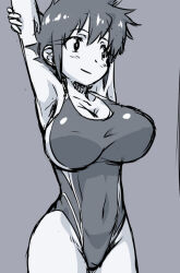 Rule 34 | arms up, breasts, ichigeki haruka, large breasts, mature female, monochrome, one-piece swimsuit, short hair, swimsuit