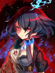 Rule 34 | 1girl, alice (sinoalice), angelic alphabet, blue hair, breasts, choker, commentary request, dark blue hair, expressionless, headphones, headphones around neck, highres, looking at viewer, medium breasts, puffy sleeves, red eyes, sallyzaemon, short hair, sinoalice, solo, torn clothes