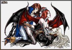 Rule 34 | 1girl, 2boys, alucard, alucard (castlevania), anal, androgynous, bat wings, bent over, blue eyes, boots, breasts, bridal gauntlets, brown hair, candra, cape, castlevania: symphony of the night, castlevania (series), choker, closed eyes, clothed sex, coat, corset, cowgirl position, demon girl, dhampir, double penetration, fishnet thighhighs, fishnets, flower, girl on top, group sex, hair flower, hair ornament, half-human, high heel boots, high heels, knee boots, lace, lips, lipstick, long hair, lying, makeup, mmf threesome, multiple boys, multiple penetration, nipples, no bra, on back, pale skin, red hair, richter belmont, sex, shoes, solo focus, straddling, succubus (castlevania), thighhighs, threesome, trench coat, undead, vaginal, vampire, white hair, wings