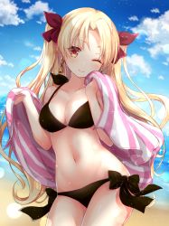 Rule 34 | 1girl, beach, bikini, black bikini, blonde hair, blue sky, blurry, blurry background, blush, bow, breasts, cleavage, closed mouth, cloud, collarbone, commentary request, cowboy shot, day, depth of field, earrings, ereshkigal (fate), fate/grand order, fate (series), gomano rio, hair bow, highres, holding, holding towel, hoop earrings, jewelry, lens flare, light particles, long hair, looking at viewer, medium breasts, navel, ocean, one eye closed, outdoors, parted bangs, sand, side-tie bikini bottom, sky, smile, solo, sparkle, standing, swimsuit, towel, two side up, very long hair, water, yellow eyes