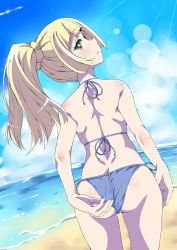 Rule 34 | 1girl, adjusting clothes, adjusting swimsuit, ass, back, bare back, bare shoulders, beach, bikini, blonde hair, blue bikini, blue sky, blunt bangs, blush, braid, butt crack, cloud, cowboy shot, creatures (company), cropped legs, day, dimples of venus, from behind, fukunaga yukito, game freak, green eyes, half-closed eyes, hip focus, lillie (pokemon), looking at viewer, looking back, nintendo, ocean, outdoors, parted lips, pokemon, pokemon sm, ponytail, side-tie bikini bottom, sky, solo, standing, sunlight, swimsuit, thighs