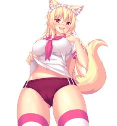 Rule 34 | 1girl, absurdres, animal ear fluff, animal ears, blonde hair, blush, breasts, buruma, cameltoe, cat ears, clothes lift, commentary, cowboy shot, finger to mouth, fox tail, frilled hairband, frills, gluteal fold, hairband, highres, large breasts, long hair, looking at viewer, navel, nose blush, nottytiffy, open mouth, original, pink neckwear, pink thighhighs, red buruma, red eyes, school uniform, serafuku, shiny skin, shirt, shirt lift, short sleeves, simple background, slit pupils, solo, standing, striped clothes, striped thighhighs, tail, teeth, thighhighs, tiffy (nottytiffy), white background, white shirt, white thighhighs