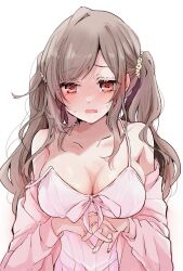 Rule 34 | 1girl, arm under breasts, averting eyes, blush, breasts, brown hair, camisole, cleavage, collarbone, ear blush, fingernails, highres, icca ma, idolmaster, idolmaster shiny colors, jacket, large breasts, long hair, nervous sweating, nose blush, own hands together, pink camisole, pink jacket, red eyes, simple background, solo, strap slip, sweat, tearing up, tears, tsukioka kogane, twintails, very long hair, white background