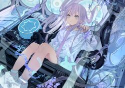 Rule 34 | 1girl, absurdres, arm up, broken, broken chain, chain, commentary request, computer, computer fan, copyright name, flower, grey eyes, hair spread out, highres, legs, long hair, long sleeves, looking at viewer, motherboard, original, parted lips, purple flower, purple hair, sitting, solo, tokiwata soul, very long hair, white footwear