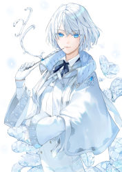 Rule 34 | 1boy, black bow, blue eyes, bow, capelet, closed mouth, collared shirt, commentary request, crystal, gloves, grey hair, hair between eyes, hand up, holding, hu kotora, jacket, long sleeves, male focus, original, shirt, smile, solo, white background, white capelet, white gloves, white jacket, white shirt, wide sleeves
