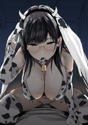 Rule 34 | 1boy, 1girl, absurdres, animal ears, animal print, bell, bikini, black hair, blush, breasts, bridal gauntlets, commentary, condom, condom in mouth, condom wrapper, cow ears, cow horns, cow print, cowbell, elbow gloves, enokido (reido1177), girl on top, glasses, gloves, hetero, highres, horns, large breasts, medium hair, mole, mole on breast, mole on thigh, mouth hold, original, print bikini, print gloves, print legwear, purple eyes, sketch, solo focus, swimsuit, symbol-only commentary, thighhighs, under covers, white bikini, white gloves, white thighhighs