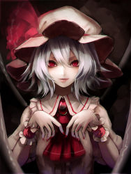 Rule 34 | 1girl, ascot, bat wings, brooch, fami (yellow skies), frills, hat, hat ribbon, highres, jewelry, light purple hair, lips, looking at viewer, mob cap, nail polish, parted lips, portrait, red eyes, remilia scarlet, ribbon, short hair, slit pupils, solo, touhou, upper body, wings, wrist cuffs