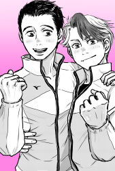 Rule 34 | 2boys, blush, clenched hand, fang, greyscale, greyscale with colored background, hair slicked back, hand on another&#039;s shoulder, highres, jacket, jewelry, katsuki yuuri, koizumi riu, male focus, minami kenjirou, monochrome, multiple boys, open mouth, pink background, ring, smile, track jacket, yuri!!! on ice
