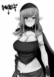 Rule 34 | 1girl, arrow (symbol), blush, breasts, cape, cleavage, commentary, cowboy shot, elf, embarrassed, english commentary, eyes visible through hair, front slit, greyscale, highres, large breasts, long hair, mars symbol, midriff, monochrome, navel, no bra, norman maggot, pointy ears, simple background, skirt, standing, sweatdrop, tagme, white background