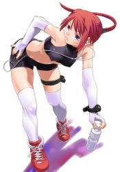 Rule 34 | 1girl, bandaid, bandaid on face, bike shorts, breasts, covered erect nipples, digital media player, earbuds, earphones, elbow gloves, gloves, ipod, red eyes, red hair, small breasts, solo, thighhighs, white gloves