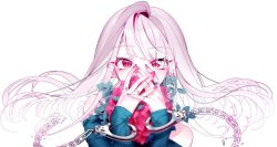 Rule 34 | 1girl, bad id, bad twitter id, covered mouth, cuffs, dear: (utaite), earrings, floating hair, flower, getcha! (vocaloid), handcuffs, highres, hoop earrings, indie utaite, jewelry, long hair, nail polish, original, own hands together, pink eyes, pink flower, pink hair, portrait, ring, solo, utaite, vocaloid, white background, xoco