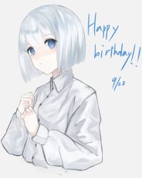 Rule 34 | 1girl, bad id, bad twitter id, blue eyes, bob cut, character request, closed mouth, collared shirt, commentary request, copyright request, dress shirt, grey background, happy birthday, highres, indie utaite, long sleeves, looking at viewer, red pupils, shirt, short hair, simple background, solo, suimin (sui 0y0), upper body, utaite, white hair, white shirt