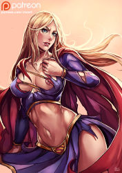Rule 34 | 1girl, blonde hair, breasts, cape, dc comics, emblem, gradient background, kachima, large breasts, midriff, navel, nipple slip, nipples, skirt, solo, stomach, supergirl, superman (series), torn clothes