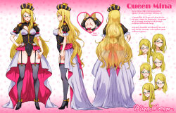 Rule 34 | 1girl, back, black footwear, black thighhighs, blonde hair, breasts, character name, character profile, character sheet, clothing cutout, commentary, crown, dangle earrings, earrings, english commentary, english text, expressions, frilled sleeves, frills, garter straps, glasses, gold trim, heart, heart cutout, heart earrings, high heels, highres, jewelry, large breasts, long hair, mina cream, multiple views, original, parted bangs, pink background, puffy short sleeves, puffy sleeves, queen mina (mina cream), short sleeves, skindentation, smile, thighhighs, two-tone background, v-shaped eyebrows, variations, very long hair, white background