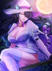 1girl animal_ears bat_(animal) bell body_markings bow bowtie breasts cleavage commission dress ears_through_headwear erina_makina facial_mark full_moon grey_eyes hair_over_one_eye hat highres large_breasts long_hair mechanical_arms moon multicolored_hair neck_bell phase_connect purple_bow purple_bowtie purple_hair second-party_source single_mechanical_arm sitting skeb_commission solo star_(symbol) streaked_hair tail tail_bow tail_ornament thighhighs tiger_ears tiger_girl tiger_tail tsubaki_pbwfa virtual_youtuber whisker_markings white_dress white_hat white_thighhighs witch_hat