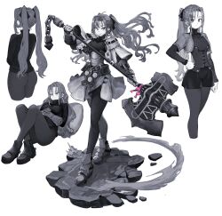 Rule 34 | 1girl, ass, axe, buckle, corset, from behind, gauntlets, gloves, grey theme, hair ribbon, hand on own hip, highres, holding, holding axe, jun (navigavi), long hair, lying, monochrome, on back, original, orirock (arknights), pantyhose, ribbon, skirt, smile, solo, spot color, twintails