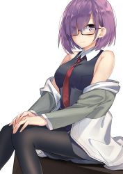 Rule 34 | 1girl, bare shoulders, black dress, black pantyhose, blush, breasts, brown-framed eyewear, closed mouth, collared dress, commentary, dress, eyes visible through hair, fate/grand order, fate (series), glasses, hair over one eye, hands on own knees, highres, jacket, jun project, knees together feet apart, long sleeves, looking at viewer, mash kyrielight, medium breasts, necktie, off shoulder, own hands together, pantyhose, print necktie, purple eyes, purple hair, red necktie, semi-rimless eyewear, simple background, sitting, sleeveless, sleeveless dress, smile, solo, thighband pantyhose, under-rim eyewear, white background