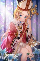 Rule 34 | 1girl, absurdres, aina 156cm, alternate costume, alternate hairstyle, blonde hair, blue eyes, blurry, blurry foreground, blush, braid, breasts, cloak, closed mouth, commentary request, depth of field, earrings, feet out of frame, frills, hair ornament, hairclip, hand up, hat, highres, holding, holding staff, huge filesize, jewelry, long hair, long sleeves, looking at viewer, mitre, nintendo, pointy ears, princess zelda, red cloak, ring, sitting, smile, solo, staff, stained glass, the legend of zelda, the legend of zelda: breath of the wild, wide sleeves