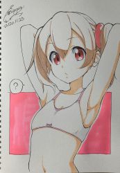 Rule 34 | 1girl, ?, absurdres, armpits, arms behind head, arms up, bra, brown hair, cototiworld, dated, flat chest, hair between eyes, hair ornament, highres, looking at viewer, navel, red eyes, scan, short hair, signature, silica, spoken question mark, sword art online, traditional media, twintails, underwear, upper body, white bra