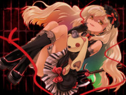 Rule 34 | 1girl, axe, doll, elbow gloves, gloves, highres, mayu (vocaloid), oumi sanaka, solo, string, string of fate, stuffed animal, stuffed rabbit, stuffed toy, usano mimi, vocaloid, weapon