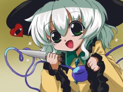 1990s_(style) 1girl black_hat blouse buttons diamond_button eyeball frilled_shirt_collar frilled_sleeves frills green_eyes green_hair hat hat_ribbon heart heart_of_string heripantomorrow holding holding_knife knife komeiji_koishi retro_artstyle ribbon shirt smile sparkle third_eye touhou yellow_ribbon yellow_shirt